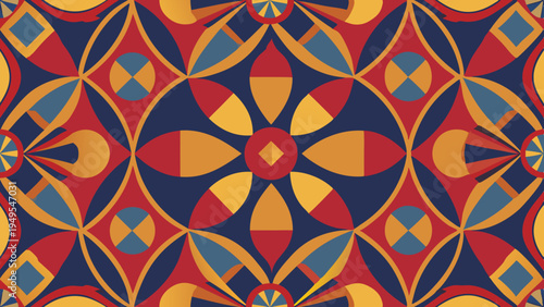 Abstract geometric tile pattern in bold primary colors