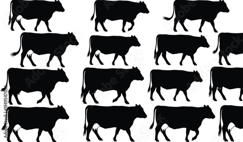 Silhouette illustration of cows, livestock farming concept, cattle herd side profile, agriculture animals, rural pasture scene, farm animal husbandry representation