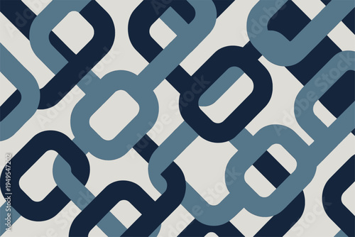 Navy blue and light blue interlocked chain link abstract geometric background. Flat vector two tone bold rounded rectangle link pattern on cream. Modern retro graphic wallpaper design