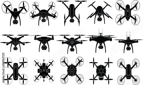 Silhouette illustration of drones, quadcopter aerial devices, propeller designs, camera mounts, aviation technology concept, unmanned aircraft, surveillance photography representation