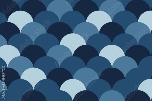 Navy blue and light blue scallop scale semicircle abstract geometric background. Flat vector multi tone overlapping arc fish scale pattern. Modern elegant graphic wallpaper design