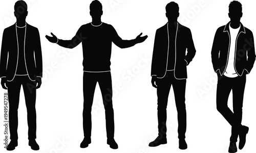 Silhouette illustration of men standing, casual semi formal attire, fashion poses, male clothing styles, character modeling concept, modern lifestyle representation