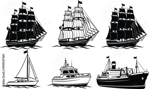 Silhouette illustration of ships boats, sailing vessels with masts, motorboat cargo ship, maritime transport concept, nautical design, ocean travel representation