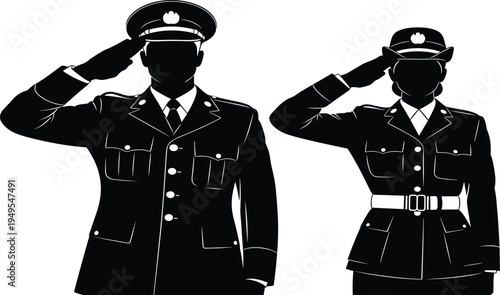 Silhouette of saluting officers, military respect, police discipline, uniformed personnel, service illustration, vector art, law enforcement, patriotic design, stock image