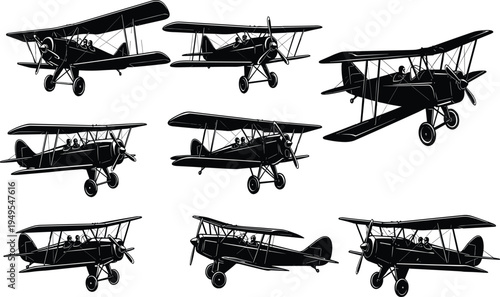 Vintage biplane silhouette collection, early aviation aircraft, propeller planes, open cockpit design
