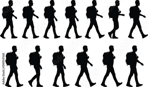 Walking sequence silhouette illustration, human gait motion, backpack traveler, biomechanics study, animation frames, step progression, pedestrian movement, motion analysis design