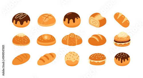 Variety of bakery breads and pastries collection isolated on white