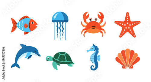 Colorful marine life collection on white