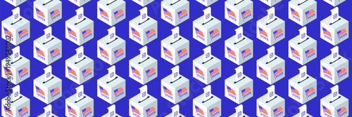 Isometric ballot boxes with completed bulletins and check marks. Pattern of boxes for US elections, voting concept, civic duty, election background, vector illustration.