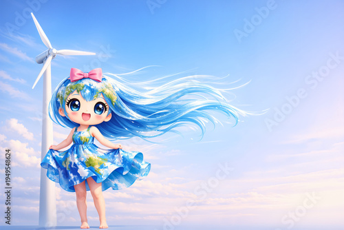 Cute earth girl stand near wind turbine under blue sky