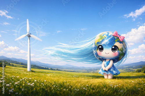 Cute earth girl stand in meadow near wind turbine