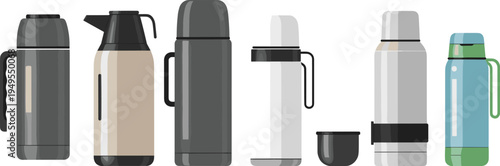 Set of vacuum insulated thermos flasks and water bottles in various sizes and colors for outdoor travel camping and hydration.