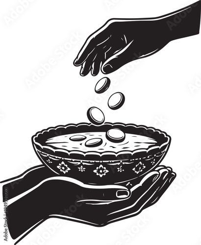 Charity and Donation Vector Illustration: Hand Giving Coins to Beggar's Bowl