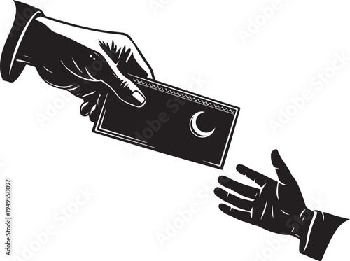 Black and white vector illustration of a gloved hand giving a card with a crescent moon to another hand