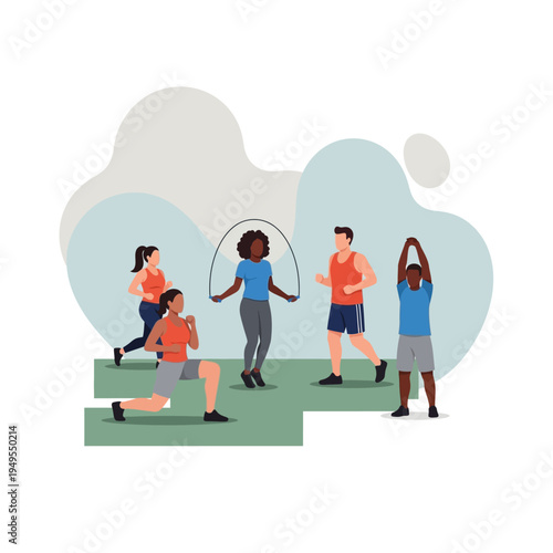 A diverse group of people engaged in various fitness activities, including jumping rope, lunges, and stretching, in an outdoor setting.