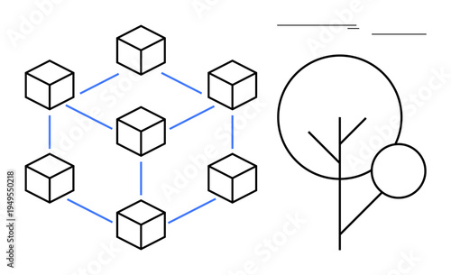 Obraz na płótnie Connected cubes forming a blockchain network beside a minimal tree icon