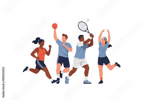 Diverse group of people engaged in various sports activities, showcasing fitness and healthy lifestyle.