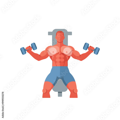 A muscular man with red skin and blue shorts is performing dumbbell chest presses while sitting on a weight bench.