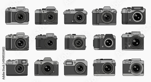 A collection of vintage cameras in various designs, perfect for photography enthusiasts and digital art. These cameras are meticulously detailed and artistically crafted.