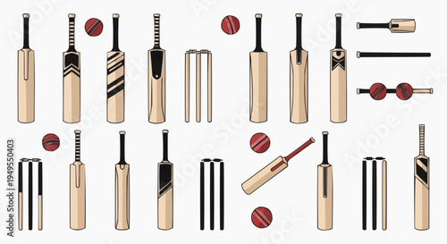 Collection of cricket bats, balls, and wickets arranged, isolated on a light background. This image showcases various types of cricket equipment