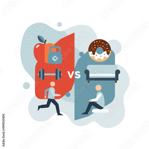 Illustration comparing healthy lifestyle choices with unhealthy and sedentary habits, showing fitness versus junk food and activity versus lounging.