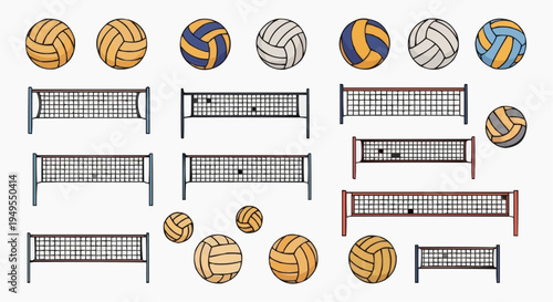 Volleyball net and ball set illustration, perfect for sports design needs. The design shows multiple volleyballs and nets, offering versatility for creative projects
