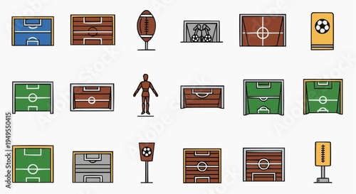 A collection of sports field icons, showcasing a variety of game courts, with a football icon