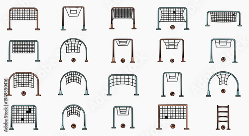 Soccer goals, football goals, volleyball net, basketball net and ball in the middle