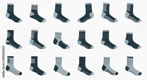 A variety of socks in different colors and patterns, neatly arranged and displayed. A range of sock designs, perfect for a fashion or textile project