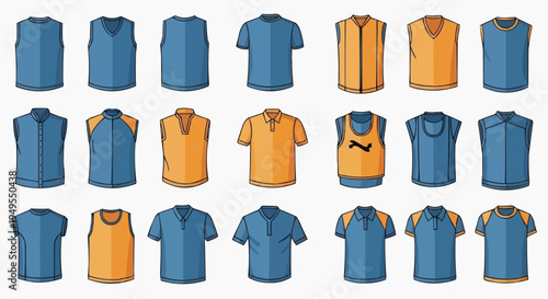 A collection of various blue and orange vest and t-shirt designs