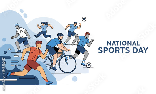 Flat illustration of diverse people participating in various sports activities like running, cycling, and soccer, celebrating National Sports Day.