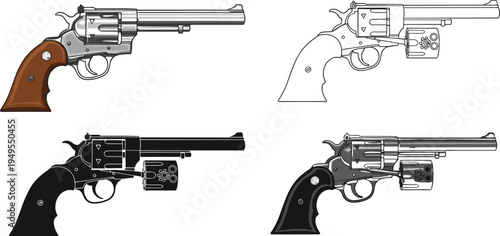 Vintage Western Revolver Handgun Vector Set Featuring Detailed Single Action Pistol Illustrations in Color, Line Art, Silhouette, and Grayscale Versions