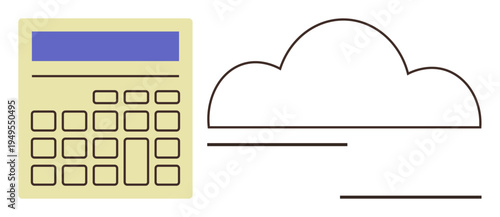 Cloud computing, data storage, online calculations, technology, remote work, digital innovation. Image features a calculator and a cloud outline. Cloud computing and data storage concept