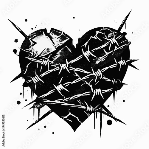 Black and white grunge style illustration of broken cracked heart entangled with barbed wire and ink splatters