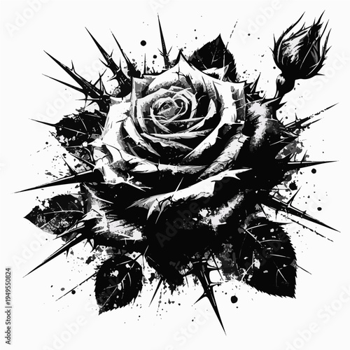 Black and white grunge style illustration of spiky rose flower with thorns and dramatic ink splatters