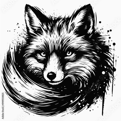 Black and white grunge style illustration of clever fox head with swirling background and ink splatters