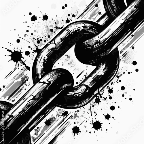 Black and white grunge style illustration of heavy metal chain links with drips and ink splatters