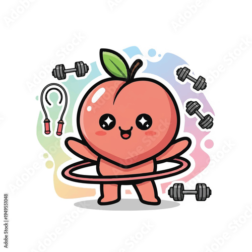A cheerful cartoon peach character hula hooping with fitness equipment around it, set against a colorful background. Perfect for fitness, wellness, and educational materials.