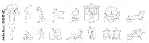 People in lines on a hot summer day, outdoor vacation, 
holiday, architectural illustration project 