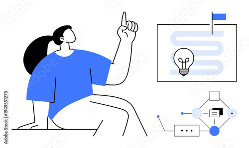 Idea generation concept. Creative process with a businesswoman pointing to a lightbulb icon and strategic flowchart design. Idea development seen in collaborative, education, strategy, startups
