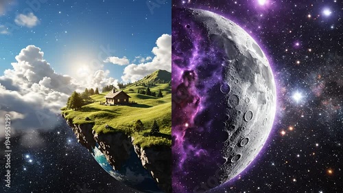 Split screen concept: a vibrant green floating island with a house and sunny skies representing Earth, contrasted with a detailed moon and colorful nebula in deep space, symbolizing cosmic duality.