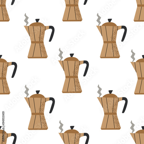 Seamless pattern with Italian moka pot coffee makers in a flat hand-drawn style. Cozy kitchen background featuring brown geyser coffee pots with steam on white. Decorative vector illustration perfect 