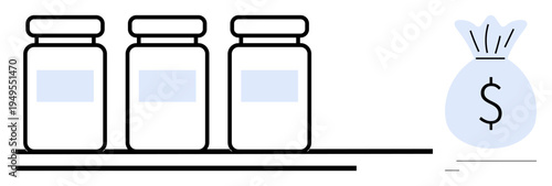 Healthcare finance, pharmaceutical industry, medication costs, budget planning, pharmacy business, medical expenses. Three medicine bottles on a shelf and a money bag. Healthcare finance