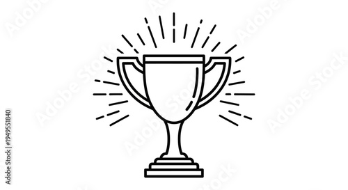 Outline trophy cup with radiating lines symbolizing reward and success, isolated white background.