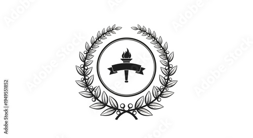 Laurel wreath surrounding a burning torch, symbolizing victory, enlightenment, and knowledge, isolated white background.
