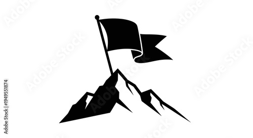 Black flag planted on a mountain peak symbolizing challenge and achievement, isolated white background.