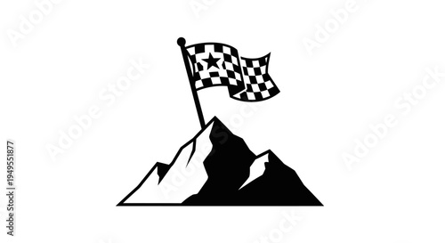 Mountain with Checkered Flag on Peak Victory Finish Line Achievement Symbol Isolated White Background