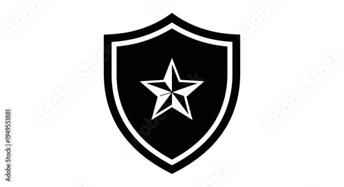Bold black shield with a prominent star in the center, symbolizing protection, security, and quality on an isolated white background.