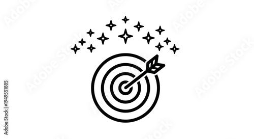 Target with Arrow Hitting Bullseye and Stars Icon on Isolated White Background