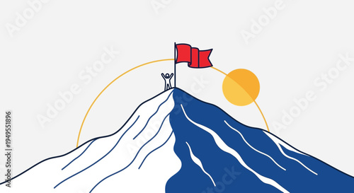 Person Celebrating on Mountain Peak with Red Flag and Sun, Achievement Concept